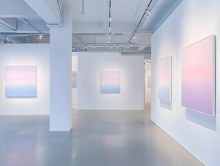 Poster - Sophisticated pastel hued art gallery featuring a curated collection of artwork displayed on pristine white walls with clean architectural lines and recessed lighting