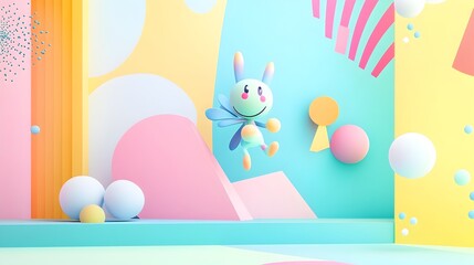 Poster - Vibrant Pastel Colored Graphic Design Featuring a Fun Whimsical Illustrated Character in a Dynamic Modern Minimalist Composition  Digital Render with Geometric Shapes and Shapes
