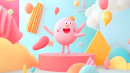Poster - Vibrant pastel colored abstract geometric featuring a fun whimsical character design with dynamic composition and modern minimalist digital render