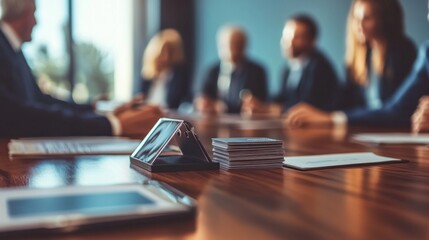 Poster - A business meeting in progress with a focus on a photo frame and business cards.