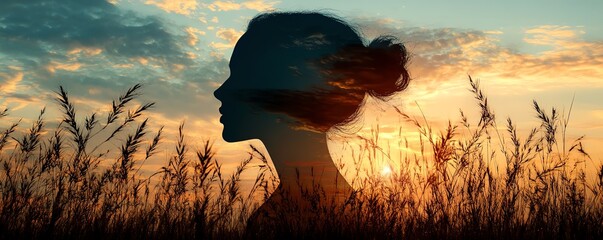 Fototapete - Silhouette of a head with a serene natural scene, symbolizing inner peace and tranquility, with clear background space for text