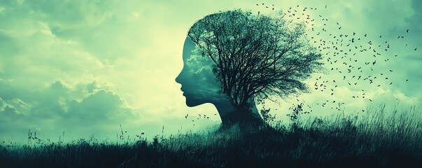 Fototapete - Silhouette of a head with a serene natural scene, symbolizing inner peace and tranquility, with clear background space for text