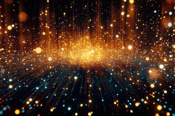 A vibrant digital artwork showing a burst of glowing particles in a dark space with bright lights.