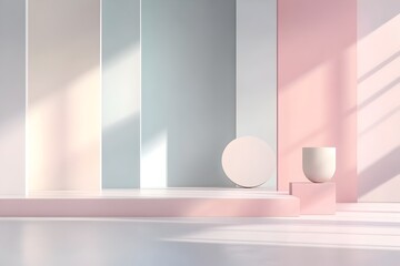 Poster - Minimalist pastel toned interior setting featuring clean lines and a muted color palette creating a serene and balanced backdrop for product photography branding and design concepts