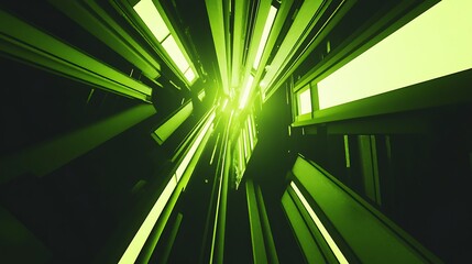Poster - Abstract green geometric shapes with a bright light at the top, creating a futuristic and dynamic visual.