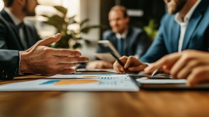 Poster - A business meeting with professionals discussing charts and data on a table.