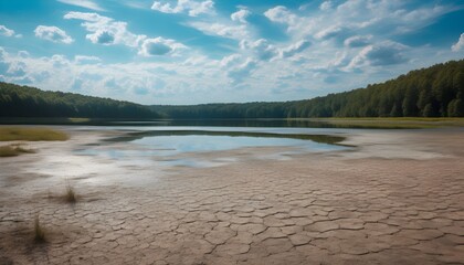 Wall Mural - Cracked Earth of a Dried Lakebed Leading to a Forest-Lined Lake Beneath a Bright Blue Sky and Fluffy White Clouds