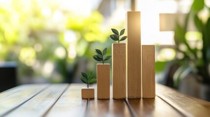 Poster - Wooden blocks with plants symbolize growth and progress in a natural setting.