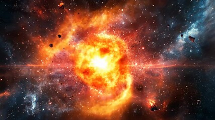 Wall Mural - A fiery explosion erupts in a vast cosmic landscape, illuminating the surrounding space with an intense glow