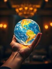 Net zero Global Responsibility: A hand gently cradles a luminous Earth globe, symbolizing environmental stewardship and global interconnectedness.