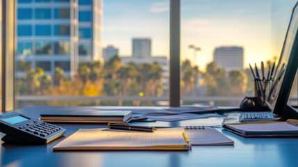 Poster - A modern office desk with stationery and a view of a city skyline at sunset.