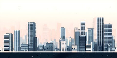Poster - Minimalist architectural cityscape featuring a clean linear arrangement of sleek modern high rise buildings with sharp edges symmetrical design and a muted color palette creating a cinematic
