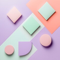 Poster - Minimalist pastel toned abstract composition with clean geometric shapes including squares triangles and circles in soft shades of pink lavender and mint