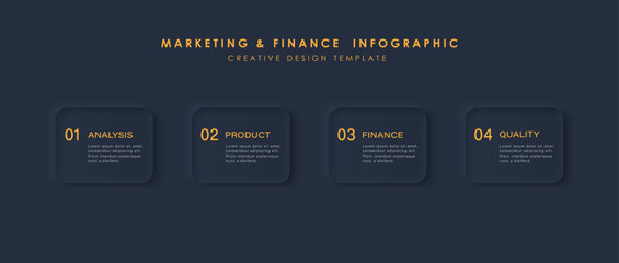 Neumorphism infographic illustration with 4 steps on the dark background