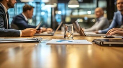 Poster - A business meeting with professionals discussing over a table filled with documents and devices.