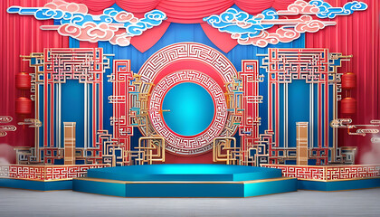 Wall Mural - A modern exhibition stage backdrop with traditional Chinese colors