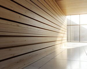 Poster - Minimalist Wooden Wall with Smooth Horizontal Planks in Bright Open Space Bauhaus Style Modernist Design for Contemporary Interior Decor