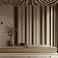 Poster - Slatted oak wood wall panels in a serene zen like minimalist interior design with a Japanese influenced aesthetic and a calm natural ambiance