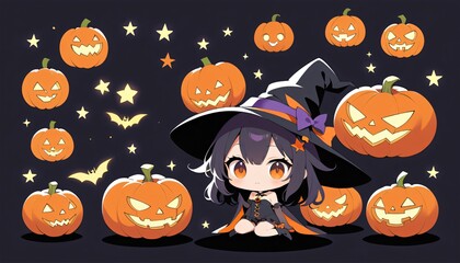 illustration of a Halloween night with moon and pumpkin background