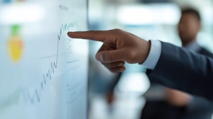 Poster - A business professional points at a digital graph during a presentation.