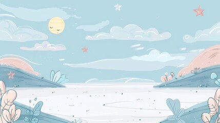 Poster - a charming pastel illustration of a serene landscape featuring a dreamy sky, stars, and gentle hills