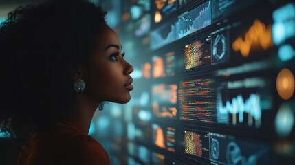 Aufkleber - A woman is looking at a computer screen with many different colored lines