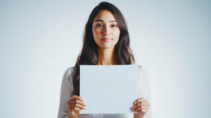 Professional Woman Holding Blank Sign in Studio Setting