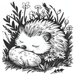 A black and white drawing of a hedgehog sleeping in a field of flowers. The hedgehog is surrounded by various flowers, including daisies and roses