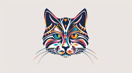 Wall Mural - Simple minimalist cat head featuring colorful tribal designs.