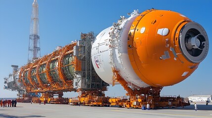 Close up shot showcasing the intricate details of rocket fuel tanks being carefully loaded into the body of a launch vehicle