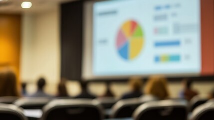 Poster - Blurry image of a presentation with a pie chart displayed on a screen in a conference setting.