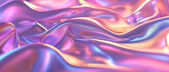 Poster - The colorful satin fabric flows in gentle waves, reflecting a blend of purple, pink, and orange tones. Soft lighting enhances its shimmering texture, creating an inviting appearance