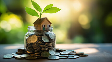 A miniature house sitting atop a stack of coins, representing the concept of financial planning and saving for a home loan or mortgage.