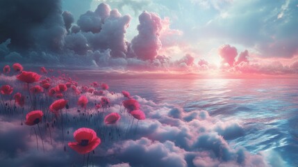 Wall Mural - A beautiful scene of a sunset with pink clouds and a body of water