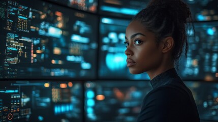 Aufkleber - A woman is staring at a computer screen with many numbers and letters on it