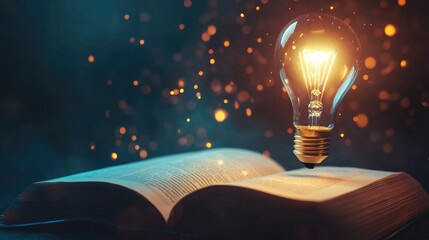 Poster - A glowing lightbulb floats above an open book, casting a flickering glow on the pages, symbolizing knowledge and creativity. No people, no logos, simple background.