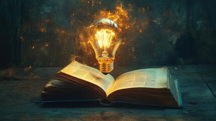 Poster - A glowing lightbulb hovers over an open book, its flickering light representing new ideas. Clean and simple background, no people, no logos.