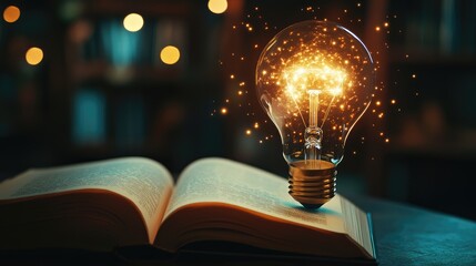 Poster - A glowing lightbulb hovers over an open book, its flickering light representing new ideas. Clean and simple background, no people, no logos.