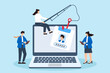 © VZ_Art - Flat illustration of woman conducting phishing simulation to train employees on recognizing cyber threats and social engineering attacks