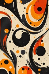 Poster - Vivid swirls in shades of orange and black dance across a creamy canvas, creating a striking abstract design filled with circular shapes and fluid motion
