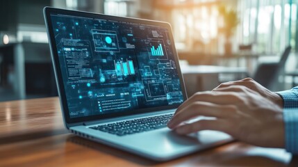 A person's hands are typing on a laptop with a screen displaying digital data and charts.