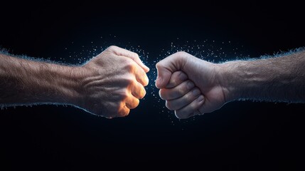 Close-up of two hands fist bumping on a dark background with spark effects.