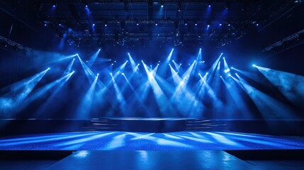 Poster - A stage lit with blue hues and spotlights, creating a high-energy atmosphere for events