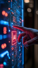 Poster - A hand reaches out to touch a luminous AI interface filled with intricate circuits and glowing elements, highlighting advanced technology in action