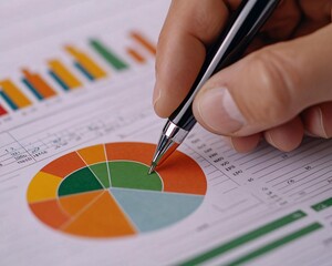 Poster - A close-up of a hand holding a pen, analyzing colorful charts and graphs on a financial report.