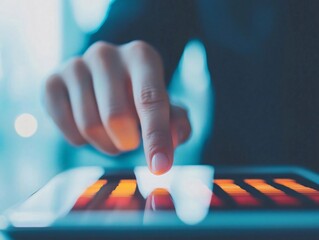 Poster - A close-up of a hand interacting with a digital tablet, showcasing the vibrant touch interface and modern technology.