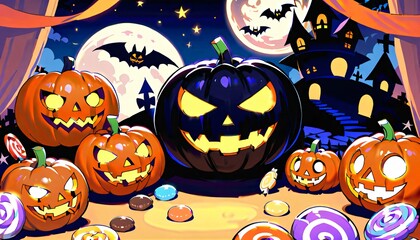 illustration of a Halloween night with moon and pumpkin background