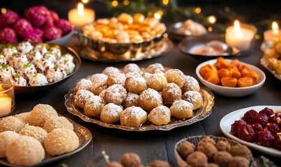 Wall Mural - Table full of Diwali sweets like laddoos, barfis and gulab jamuns on colorful plates, Generative AI 