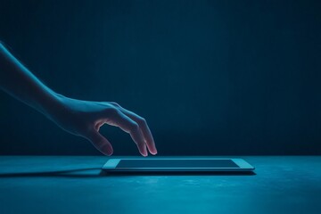 Poster - A close-up of a hand reaching out to a tablet in a dimly lit setting, emphasizing modern technology and connection.
