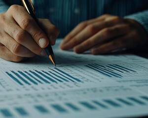 Poster - A close-up of a person's hand holding a pen, analyzing business data on a graph paper, highlighting trends and statistics.